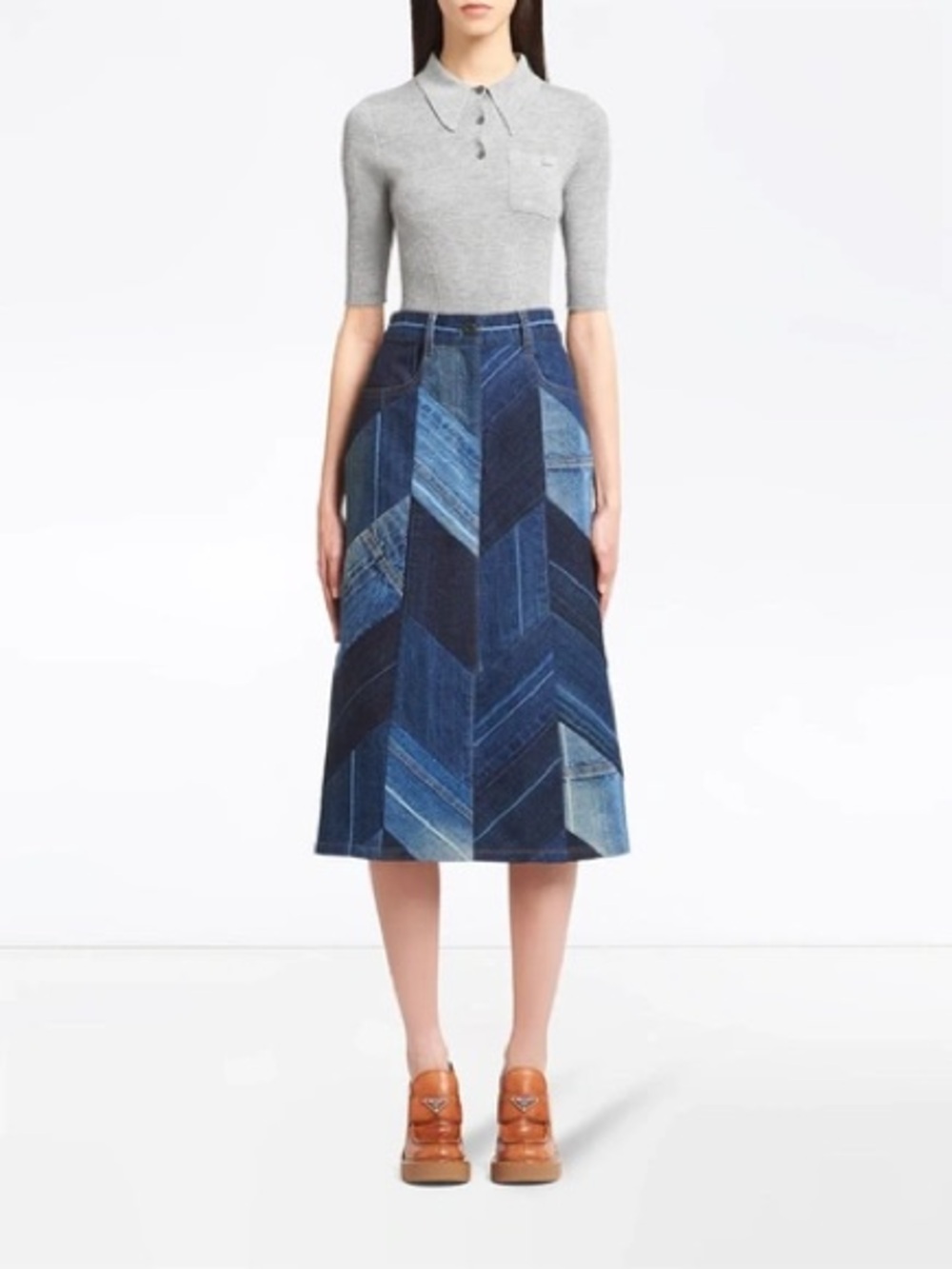 PRADA Herringbone Patchwork Denim Skirt - Picture 6 of 6
